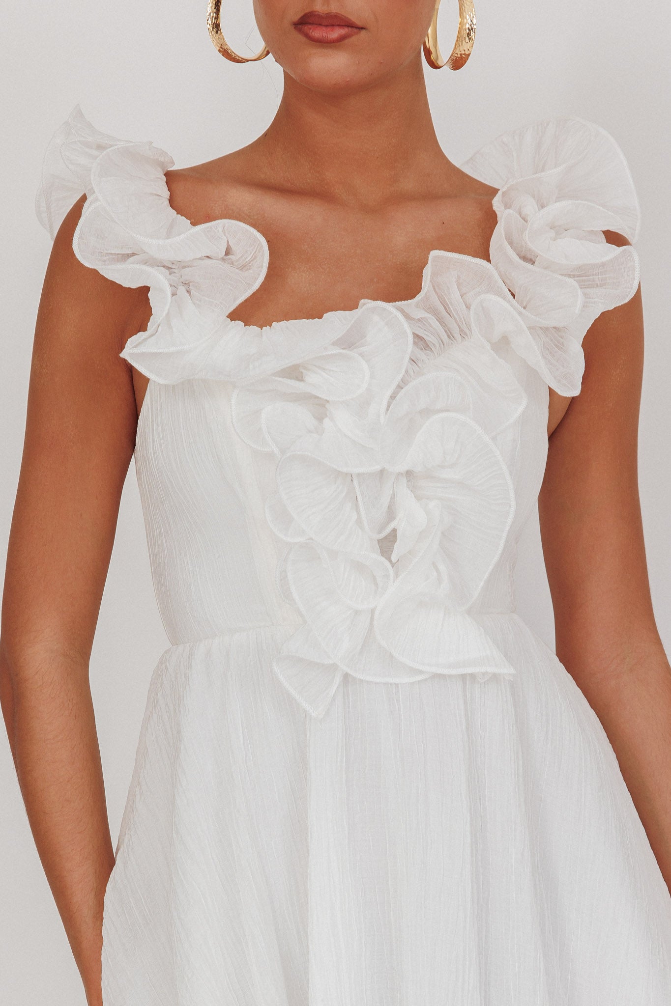 Nivaya Ruffle Neckline Mini Dress White by Selfie Leslie Australia