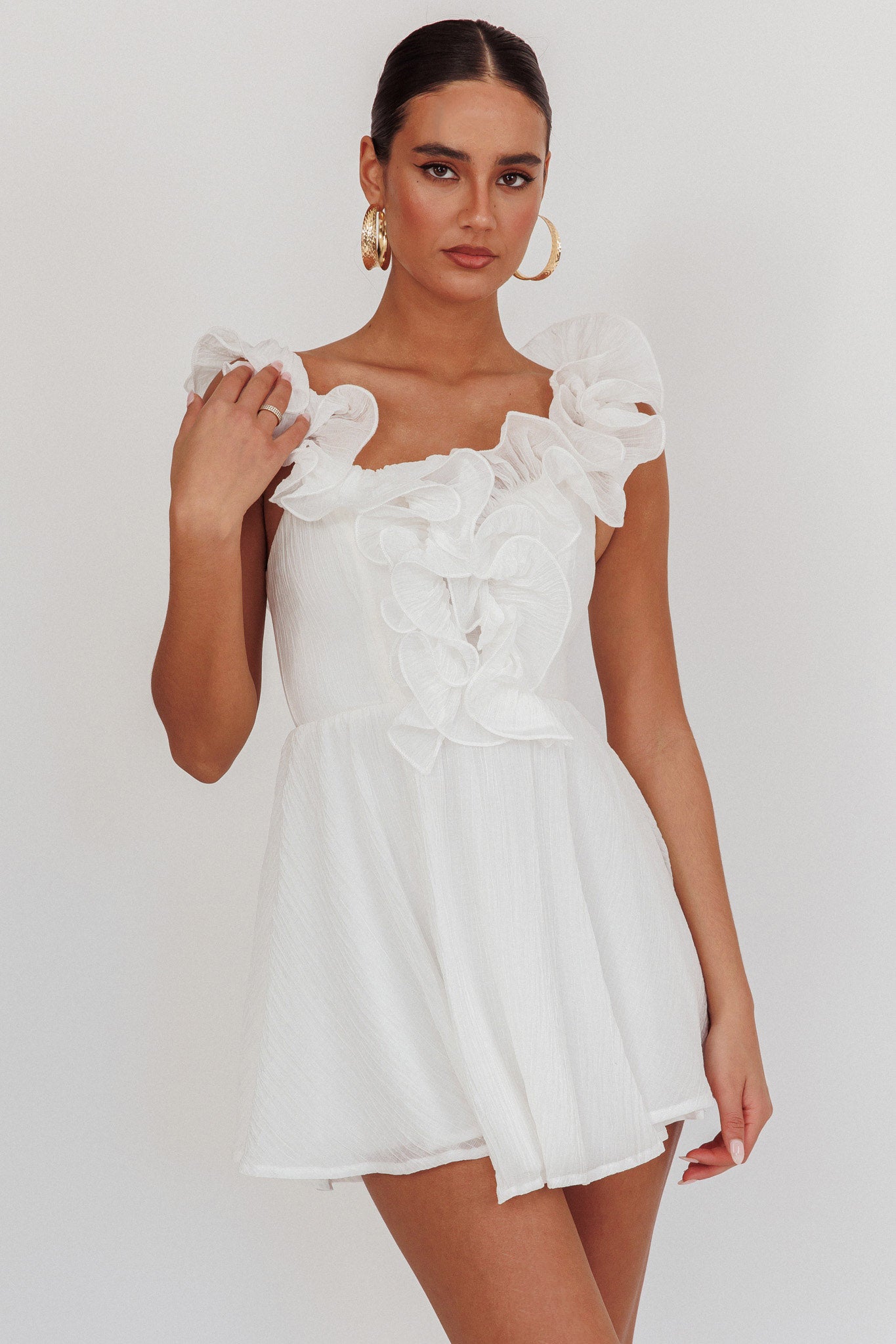 Nivaya Ruffle Neckline Mini Dress White by Selfie Leslie Australia