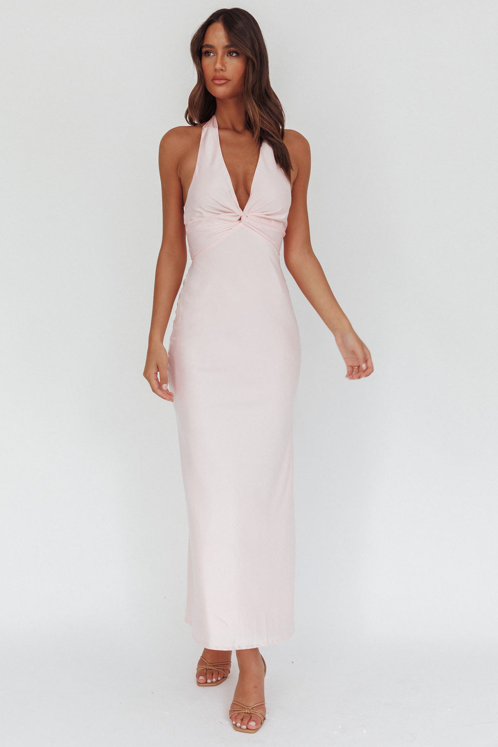 Devotion Twist Bust Halter Maxi Dress Baby Pink by Selfie Leslie Australia