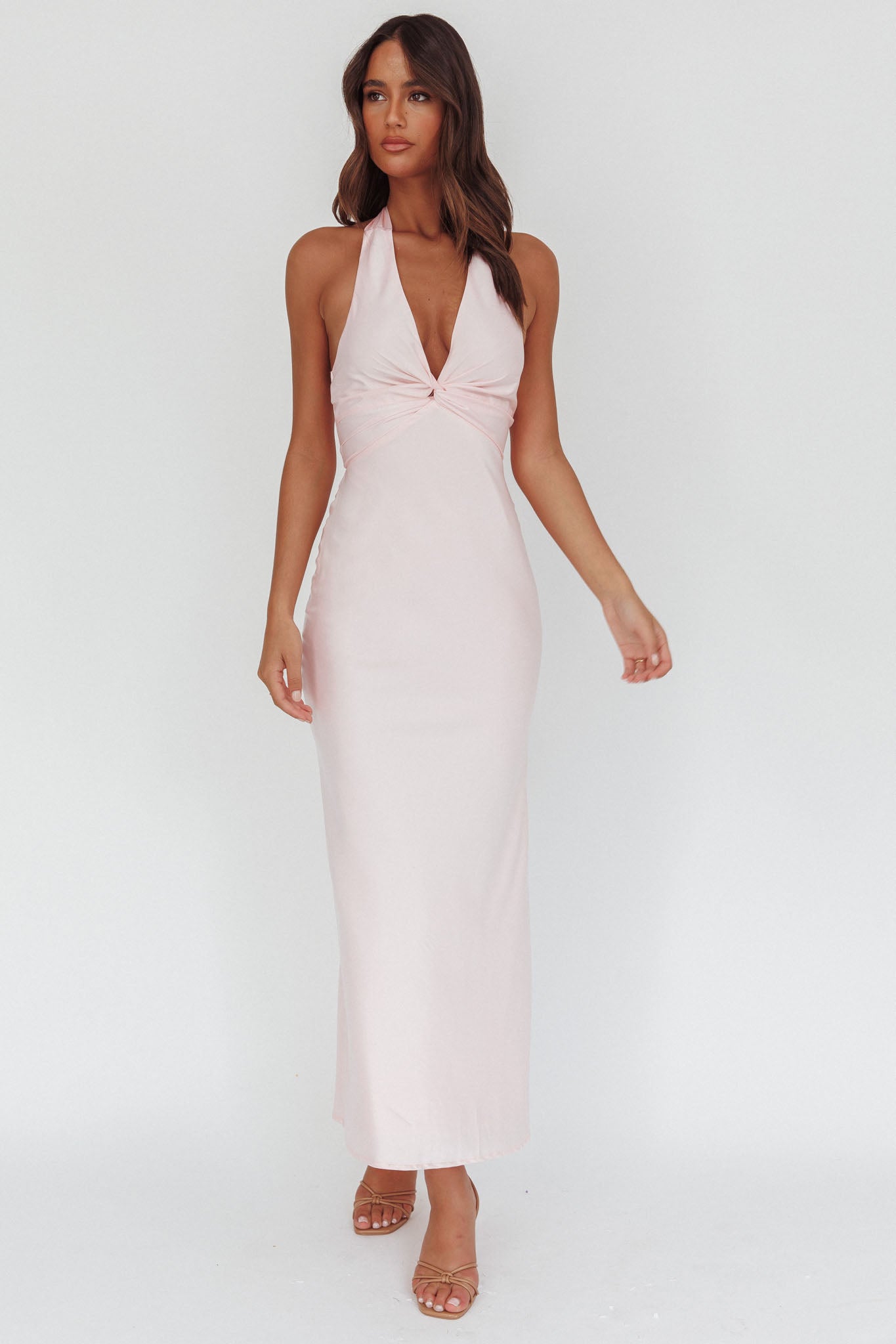 Devotion Twist Bust Halter Maxi Dress Baby Pink by Selfie Leslie Australia