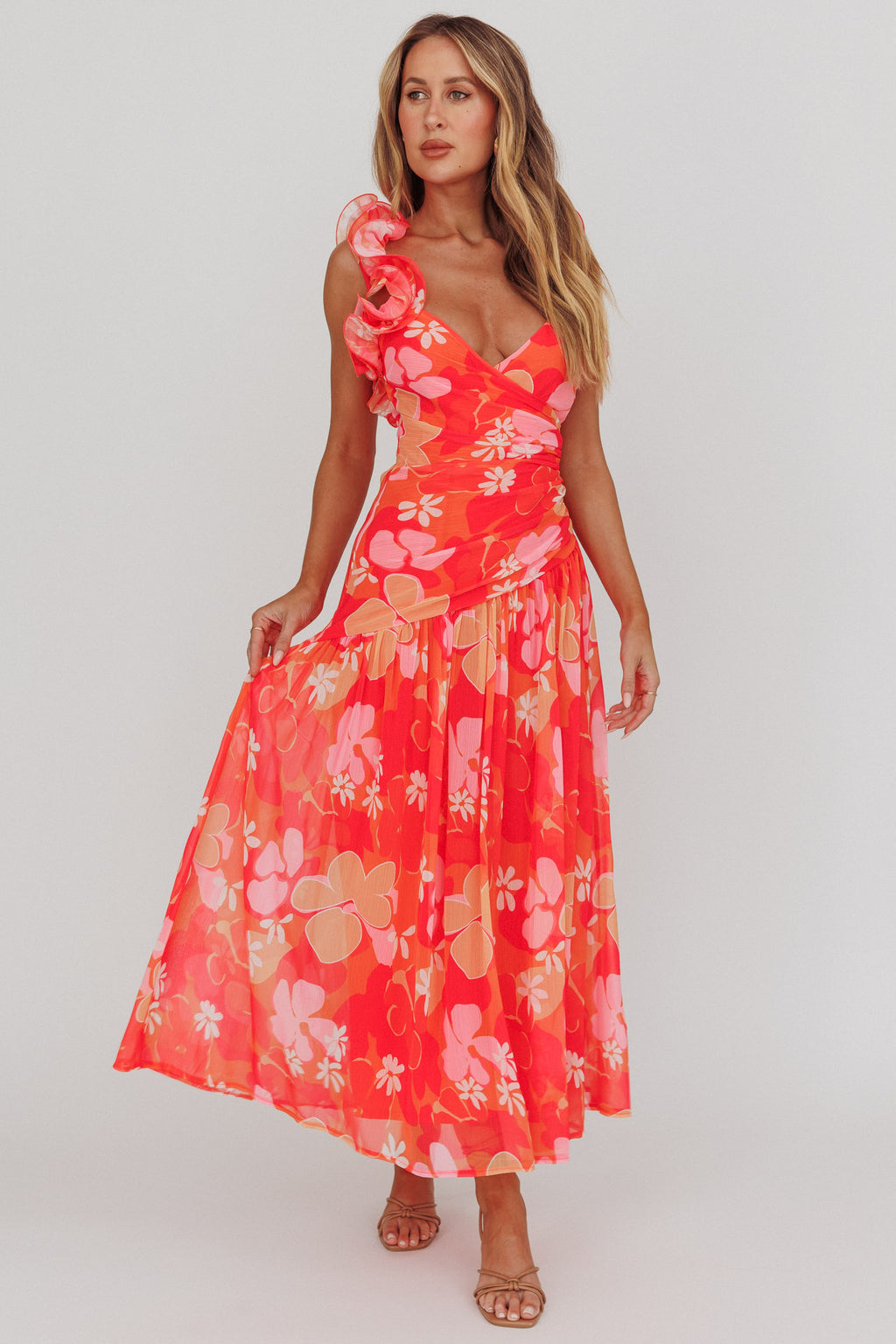 Kinley Ruffle Strap Maxi Dress Floral Orange by Selfie Leslie Australia
