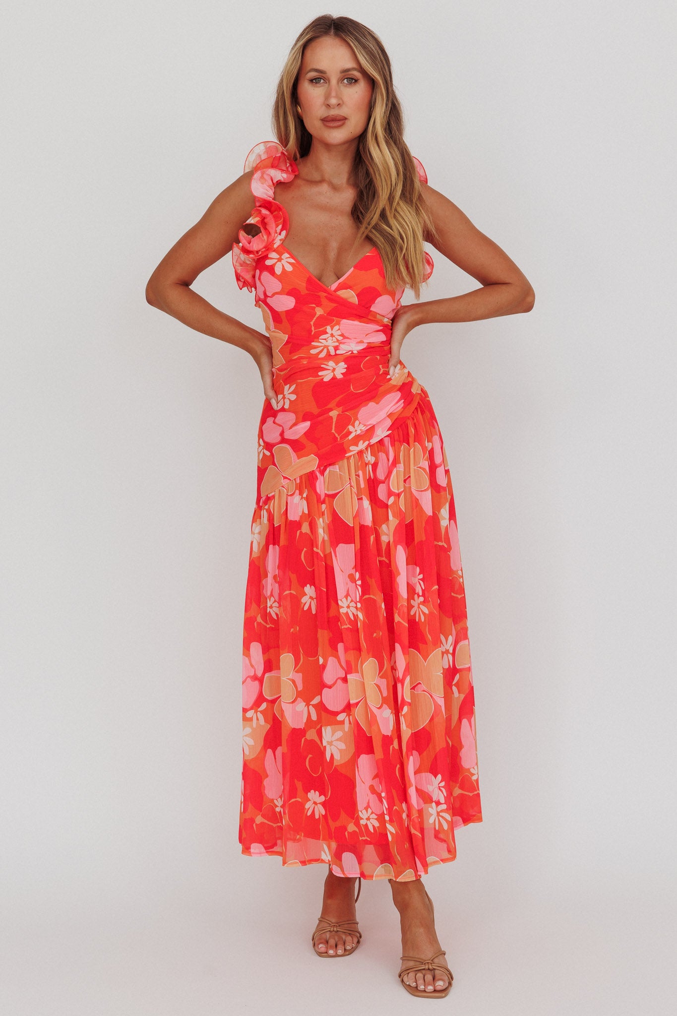 Kinley Ruffle Strap Maxi Dress Floral Orange by Selfie Leslie Australia
