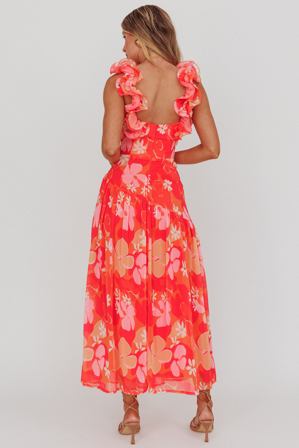 Kinley Ruffle Strap Maxi Dress Floral Orange by Selfie Leslie Australia