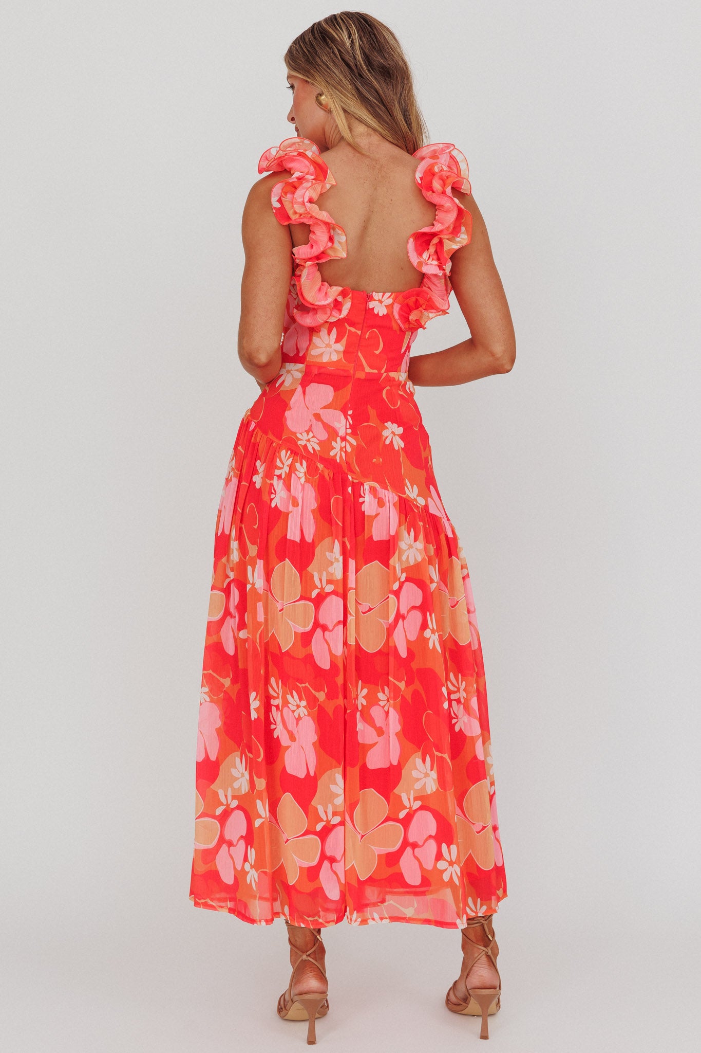 Kinley Ruffle Strap Maxi Dress Floral Orange by Selfie Leslie Australia