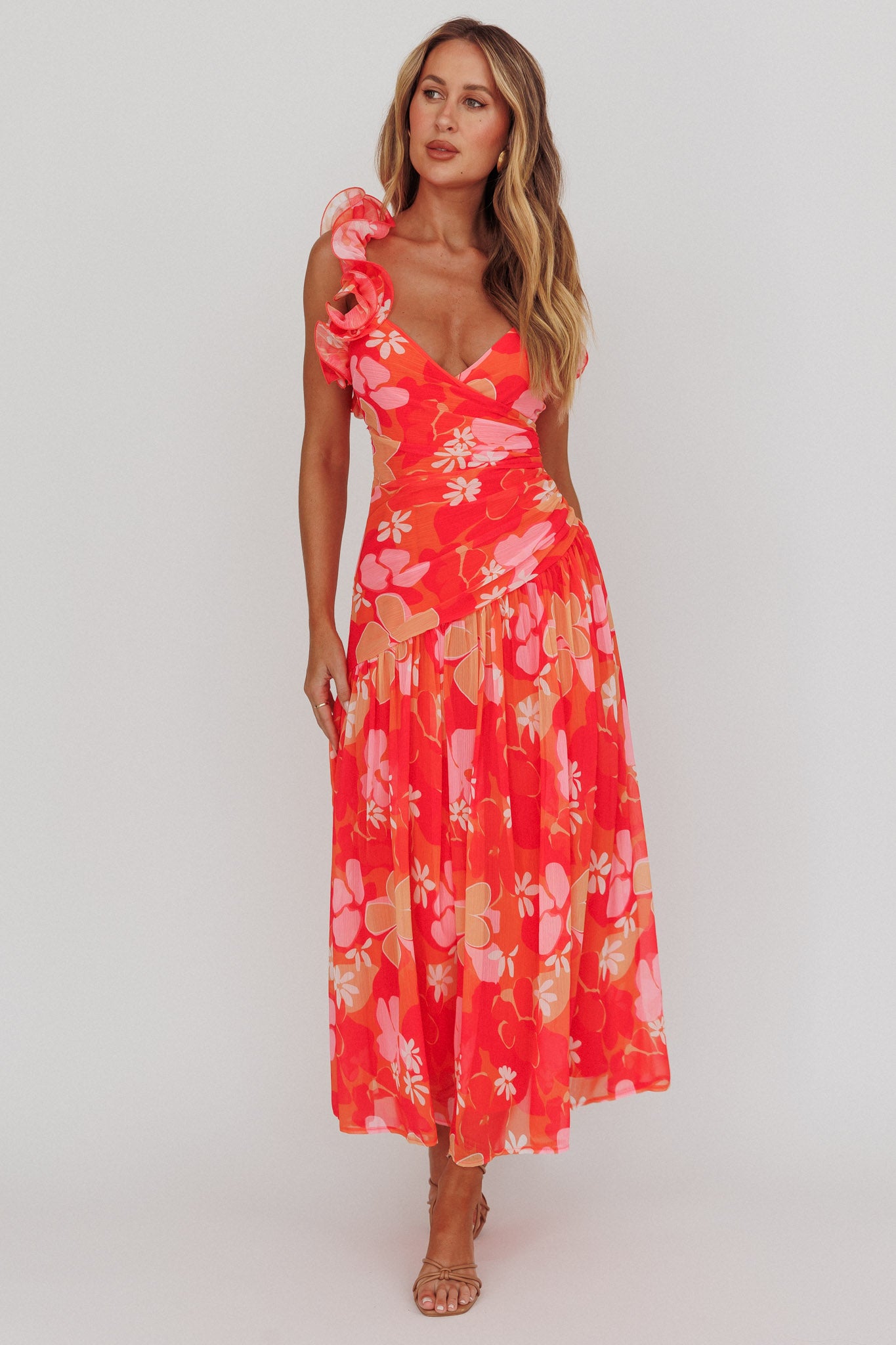 Kinley Ruffle Strap Maxi Dress Floral Orange by Selfie Leslie Australia