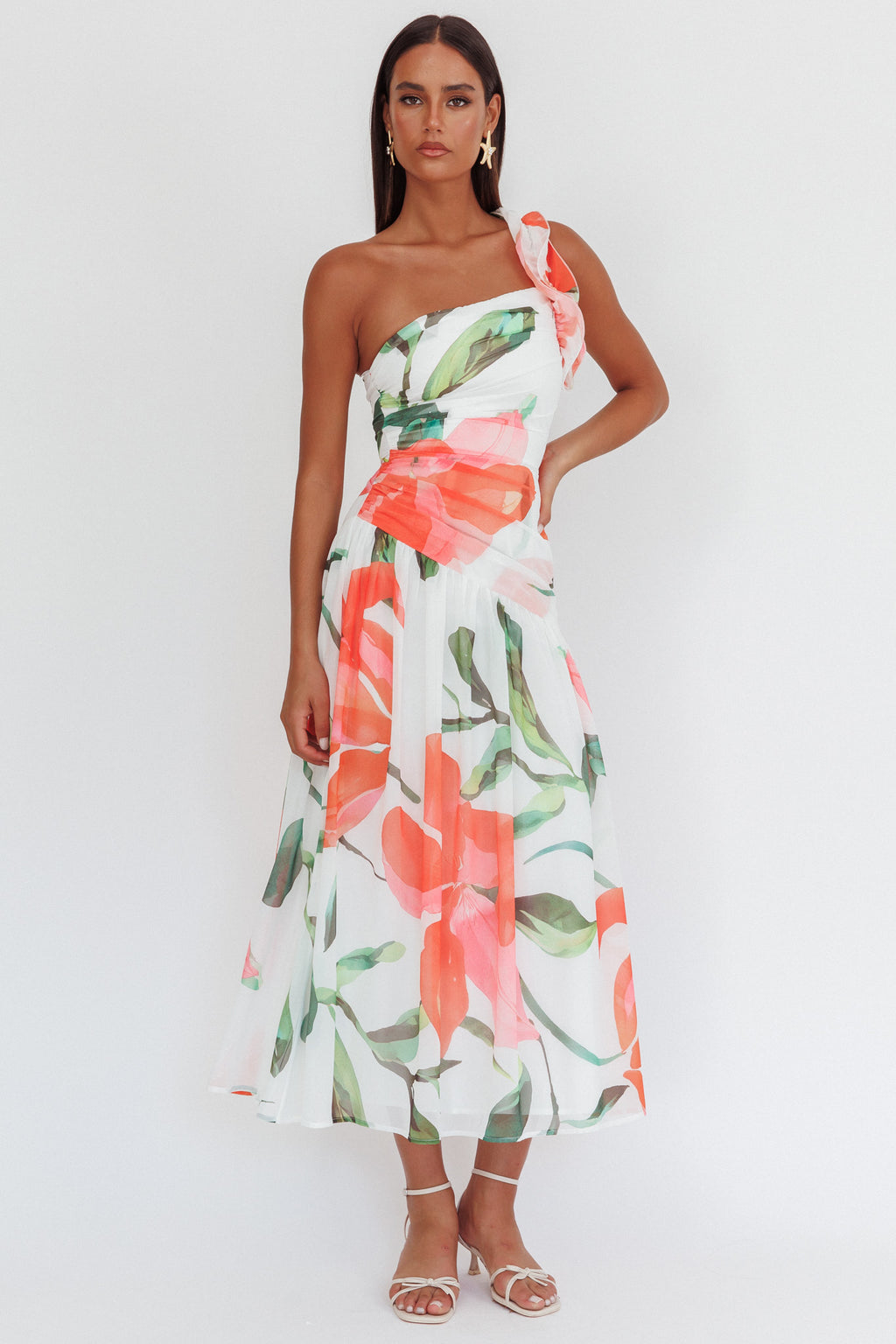 Kinley One-Shoulder Ruffle Maxi Dress Floral Red by Selfie Leslie Australia