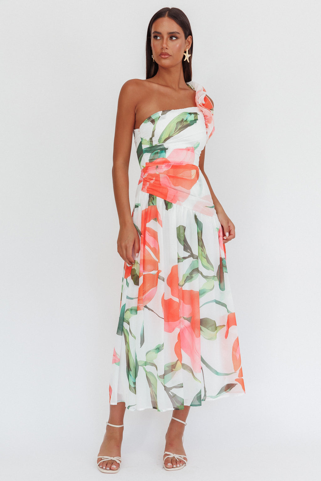 Kinley One-Shoulder Ruffle Maxi Dress Floral Red by Selfie Leslie Australia