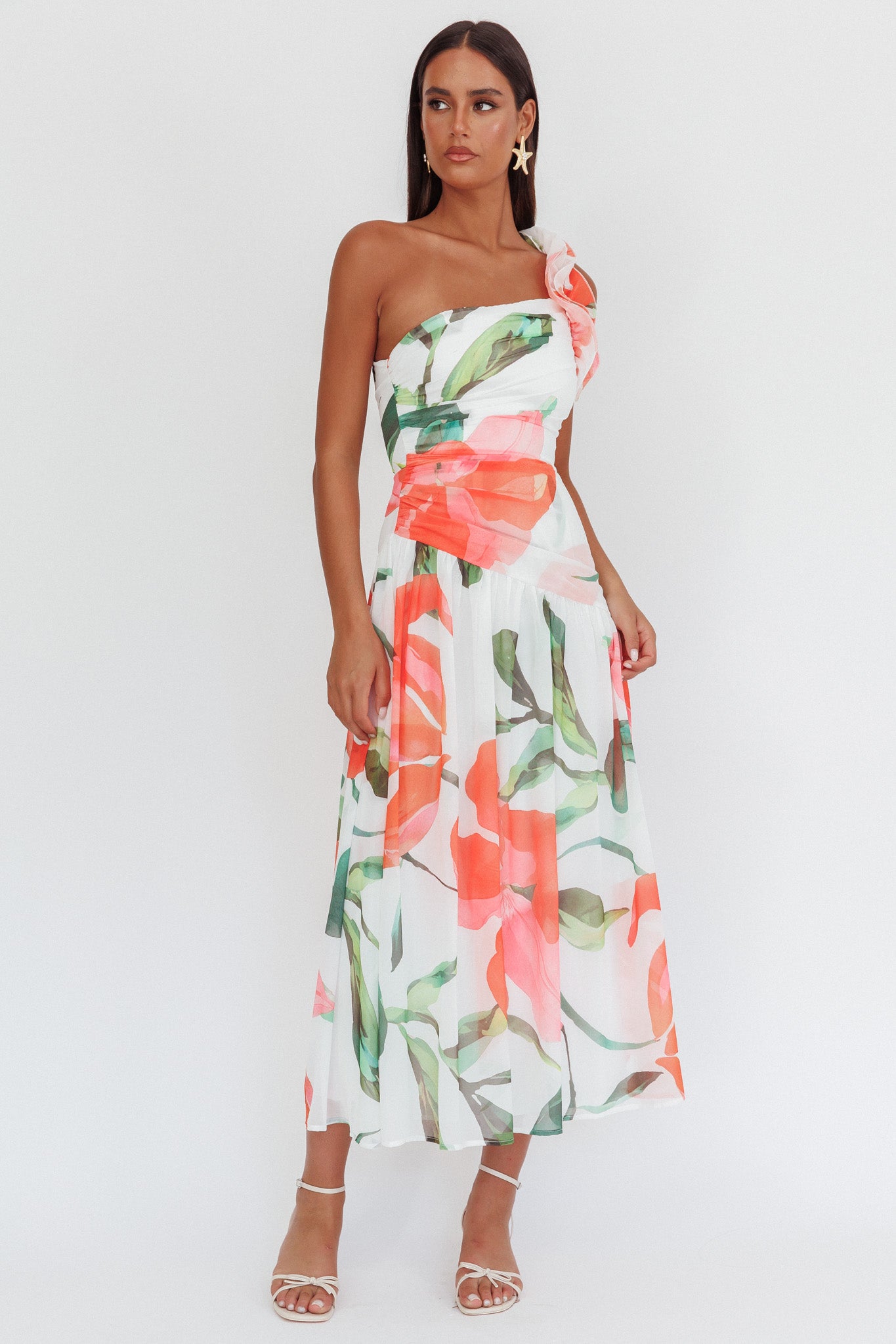 Kinley One-Shoulder Ruffle Maxi Dress Floral Red by Selfie Leslie Australia