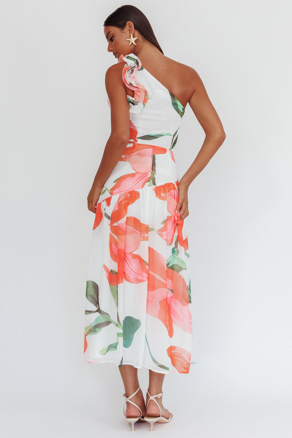 Kinley One-Shoulder Ruffle Maxi Dress Floral Red by Selfie Leslie Australia