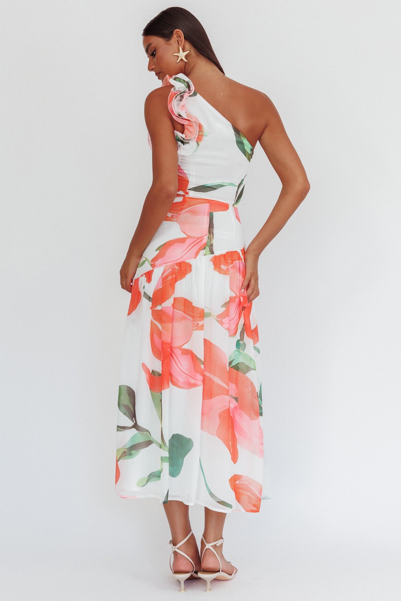 Kinley One-Shoulder Ruffle Maxi Dress Floral Red by Selfie Leslie Australia