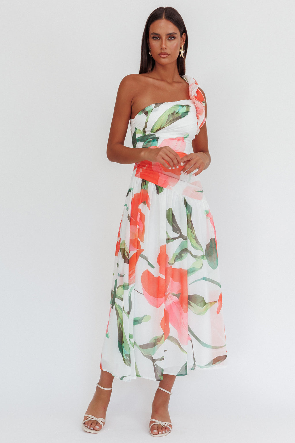 Kinley One-Shoulder Ruffle Maxi Dress Floral Red by Selfie Leslie Australia