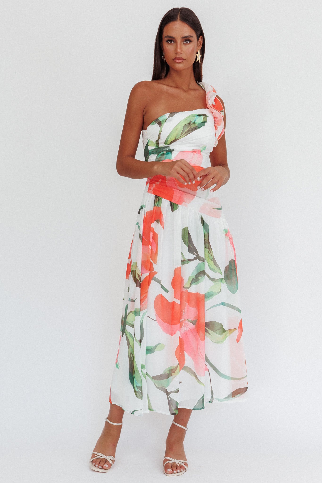 Kinley One-Shoulder Ruffle Maxi Dress Floral Red by Selfie Leslie Australia