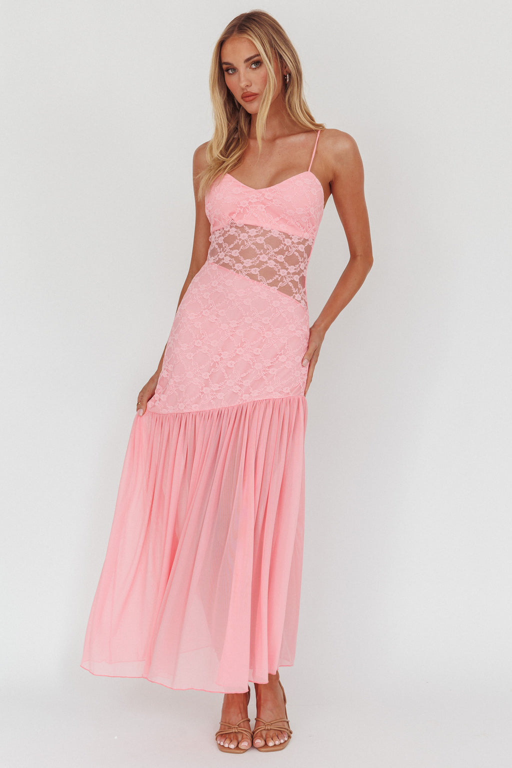 Kinley Sheer Hem Lace Maxi Dress Pink by Selfie Leslie Australia