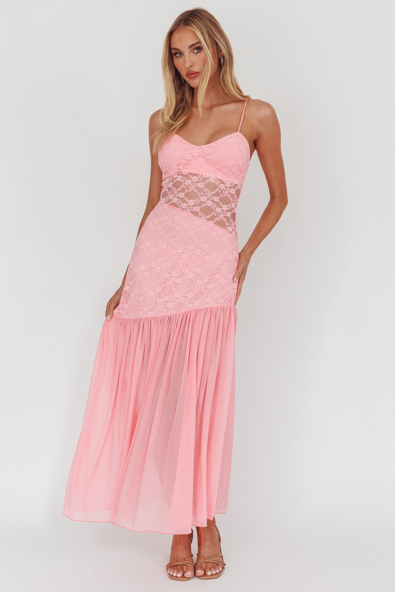 Kinley Sheer Hem Lace Maxi Dress Pink by Selfie Leslie Australia