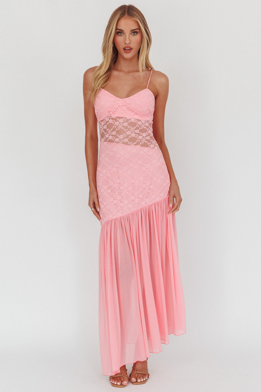 Kinley Sheer Hem Lace Maxi Dress Pink by Selfie Leslie Australia