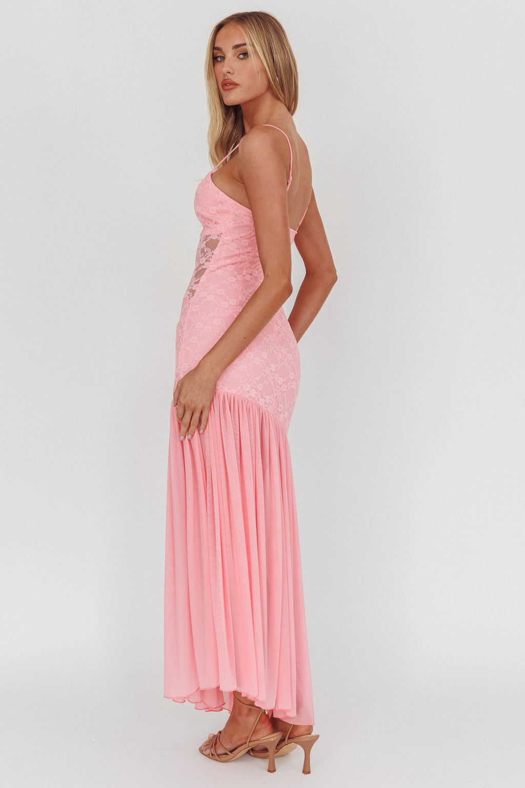 Kinley Sheer Hem Lace Maxi Dress Pink by Selfie Leslie Australia