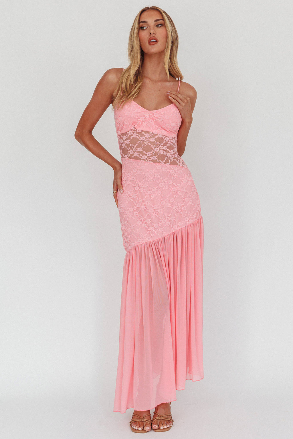 Kinley Sheer Hem Lace Maxi Dress Pink by Selfie Leslie Australia