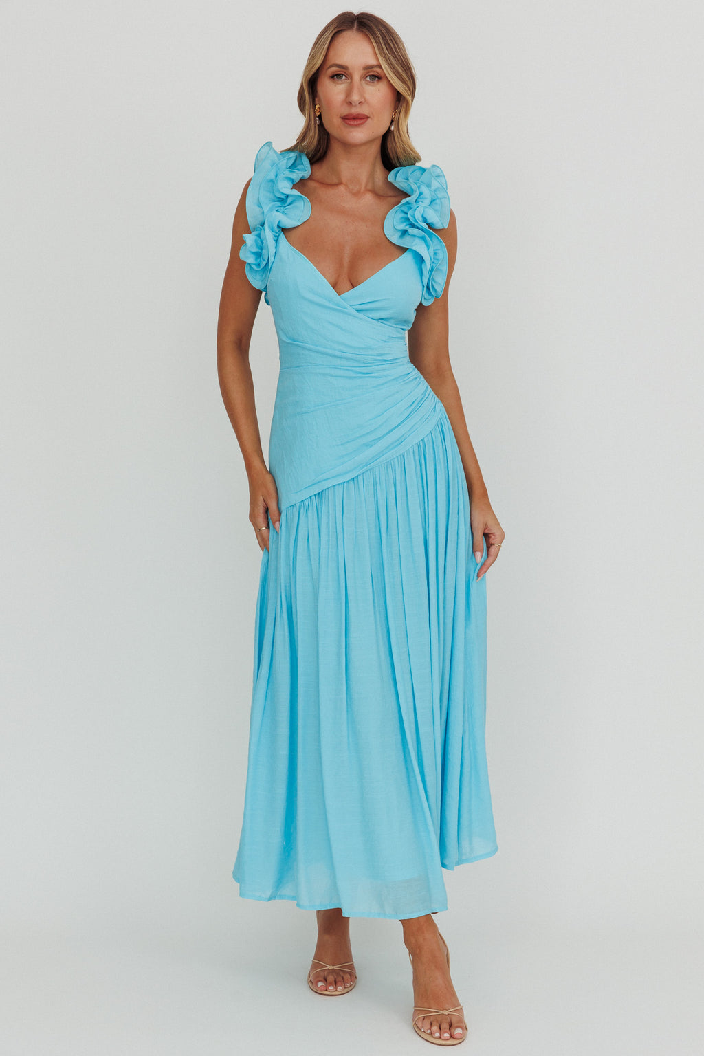 Kinley Ruffle Strap Maxi Dress Blue by Selfie Leslie Australia