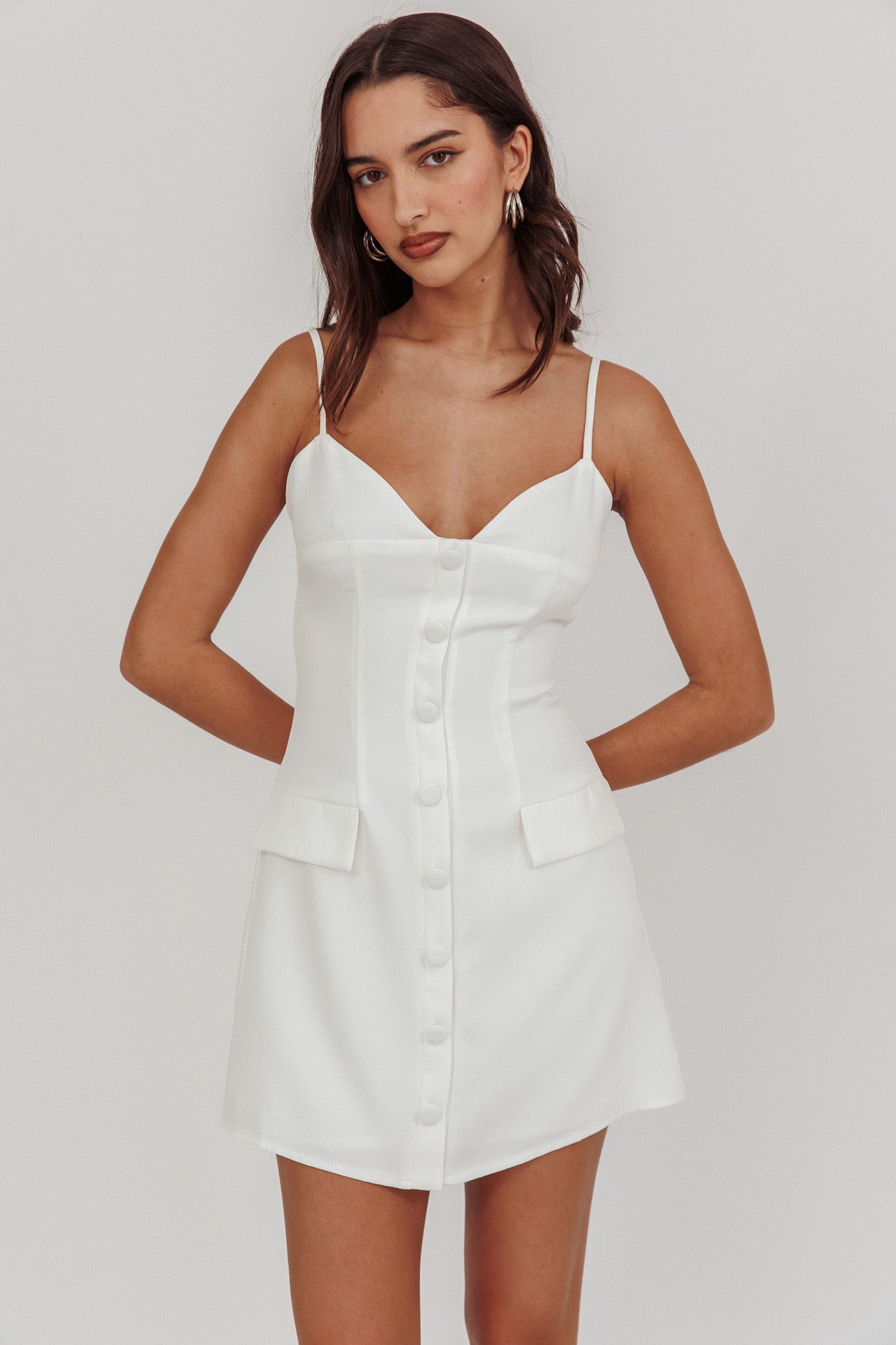So Good Front Button Mini Dress White by Selfie Leslie Australia