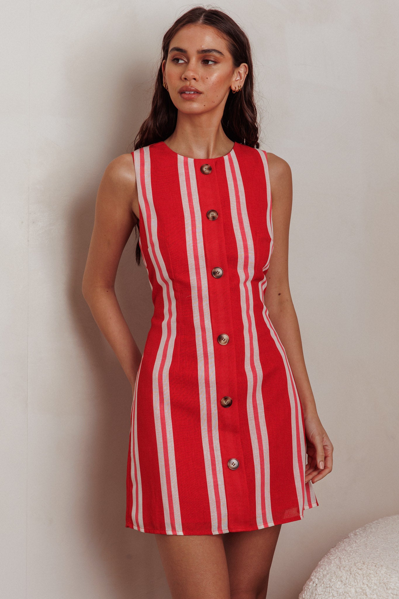 Kalena Faux Placket Mini Dress Stripe Red by Selfie Leslie Australia