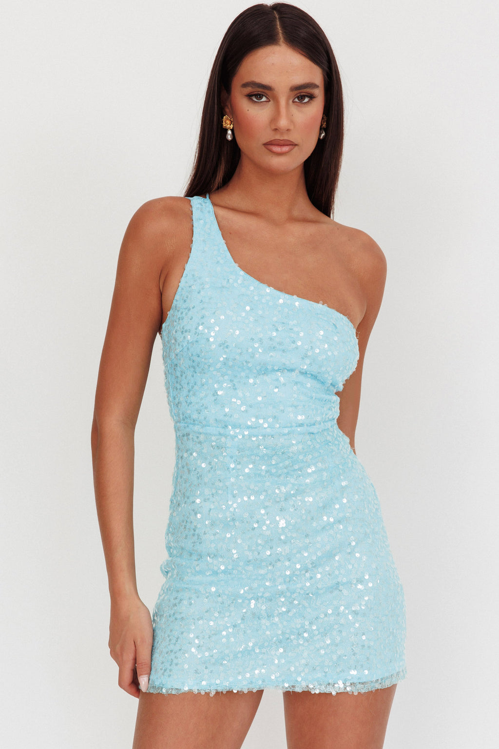Disco Baby One-Shoulder Sequin Mini Dress Light Blue by Selfie Leslie Australia