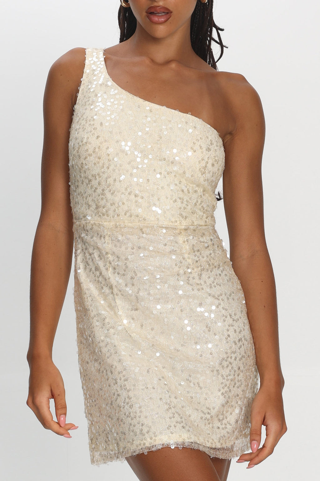 Disco Baby One-Shoulder Sequin Mini Dress Nude by Selfie Leslie Australia