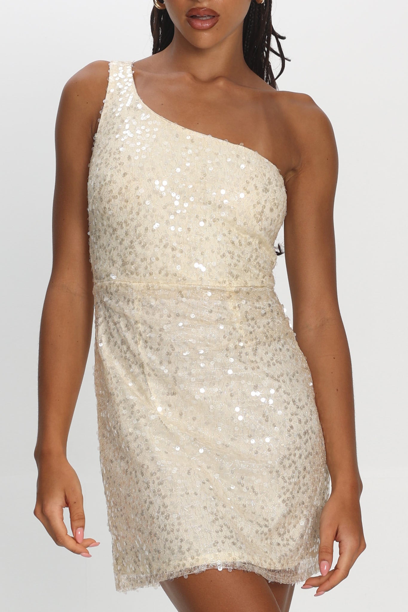Disco Baby One-Shoulder Sequin Mini Dress Nude by Selfie Leslie Australia
