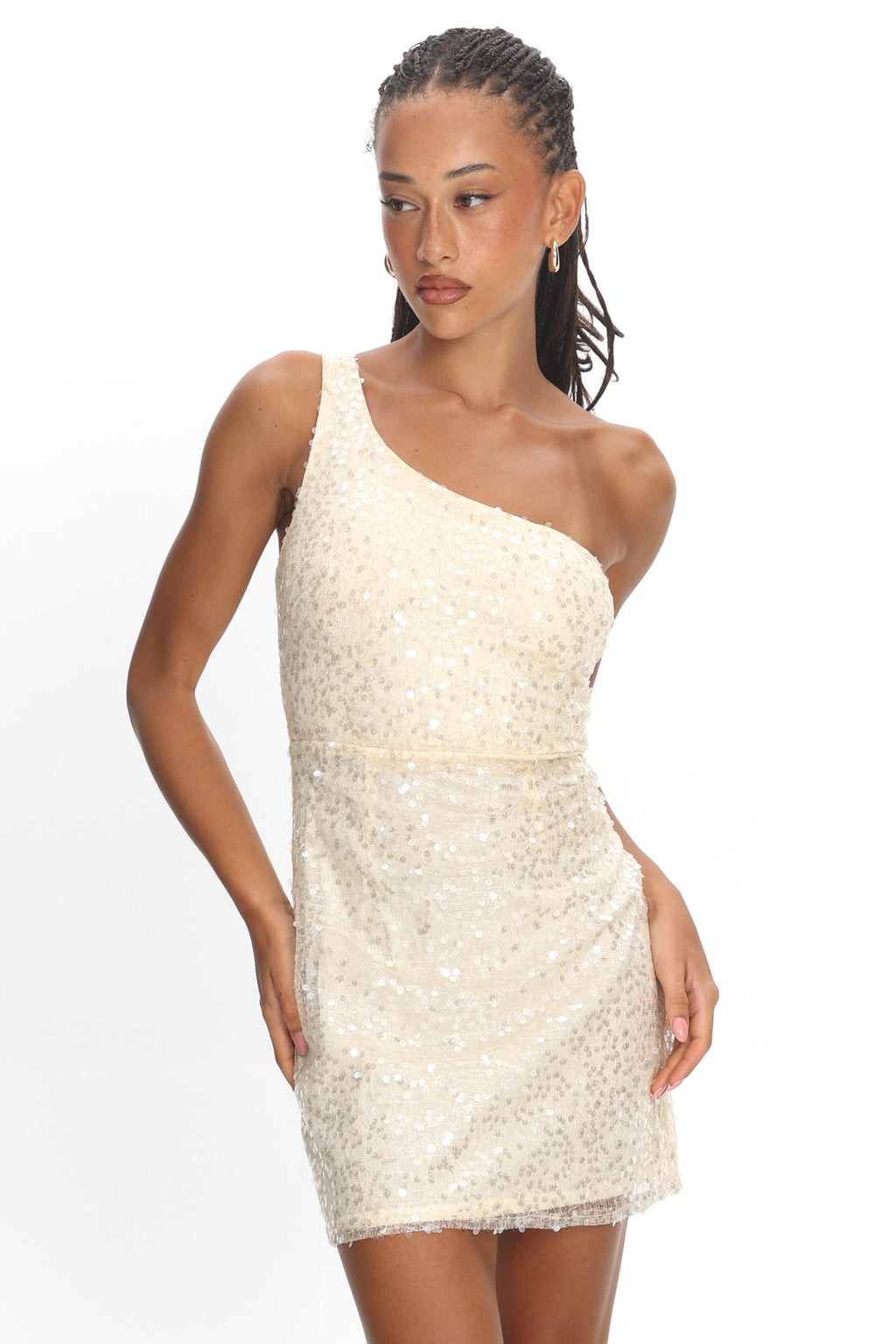 Disco Baby One-Shoulder Sequin Mini Dress Nude by Selfie Leslie Australia