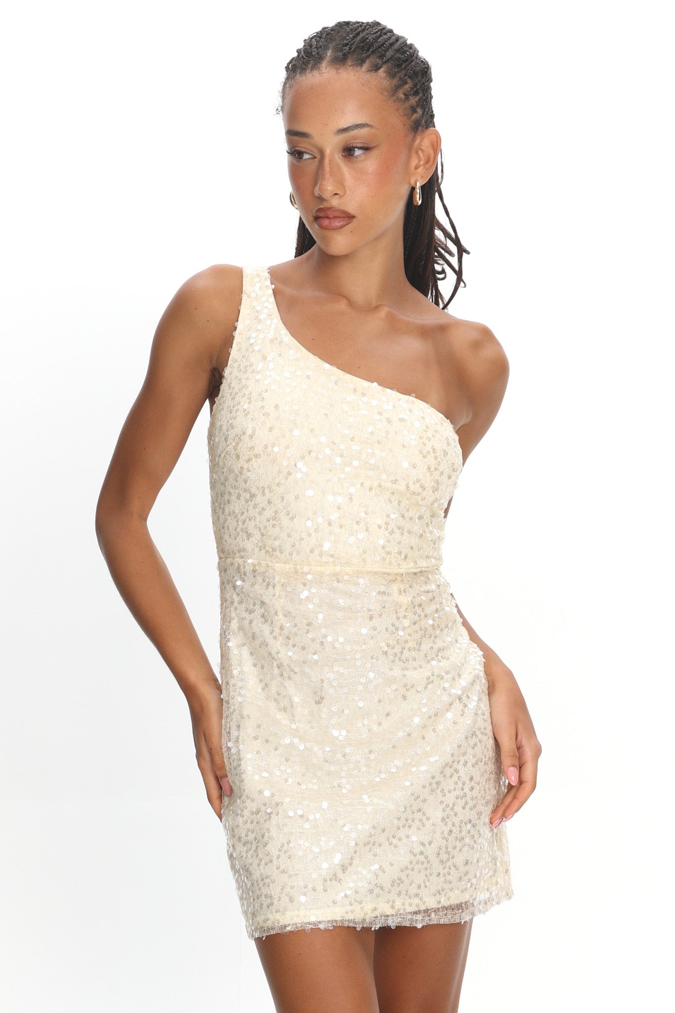 Disco Baby One-Shoulder Sequin Mini Dress Nude by Selfie Leslie Australia