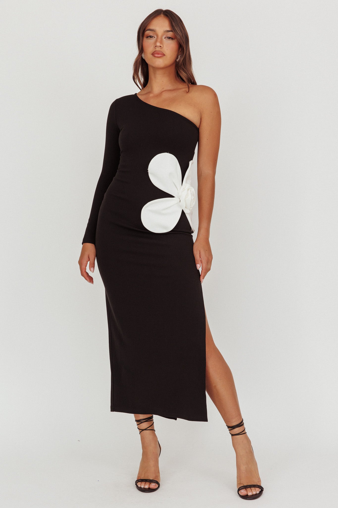 No Competition One-Shoulder Oversized Flower Maxi Dress Black by Selfie Leslie Australia