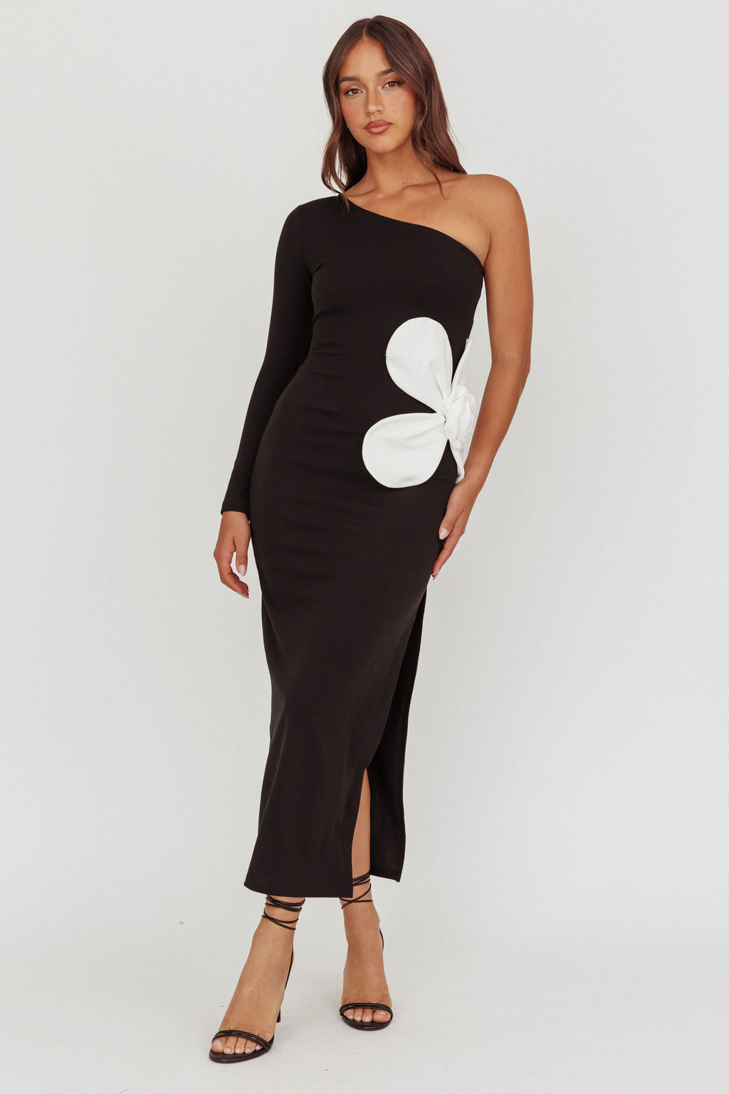 No Competition One-Shoulder Oversized Flower Maxi Dress Black by Selfie Leslie Australia