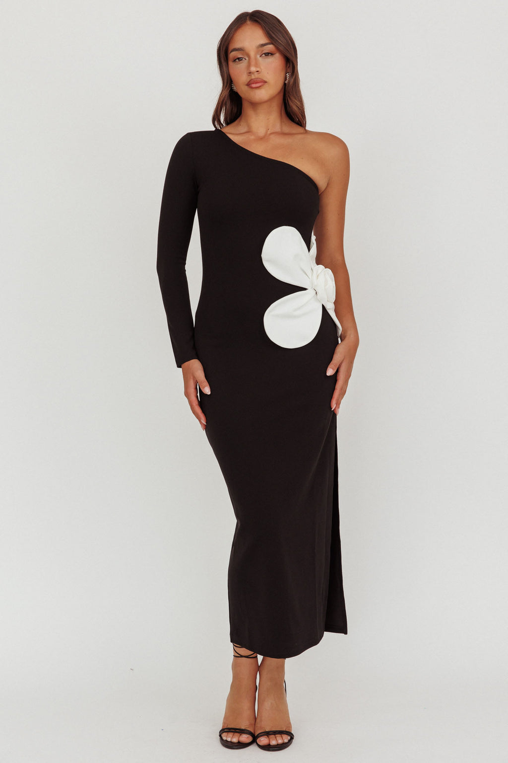 No Competition One-Shoulder Oversized Flower Maxi Dress Black by Selfie Leslie Australia