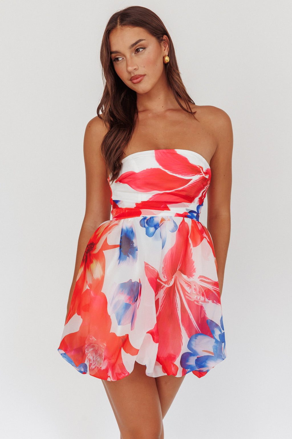Kandi Strapless Bubble Hem Skirt Floral White by Selfie Leslie Australia