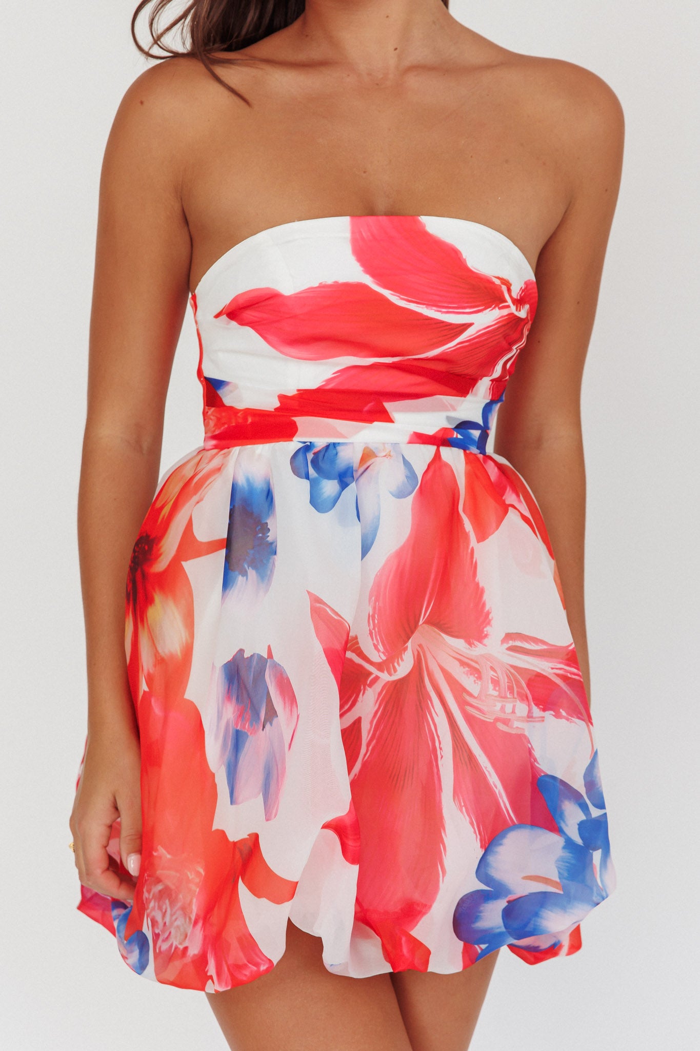 Kandi Strapless Bubble Hem Skirt Floral White by Selfie Leslie Australia