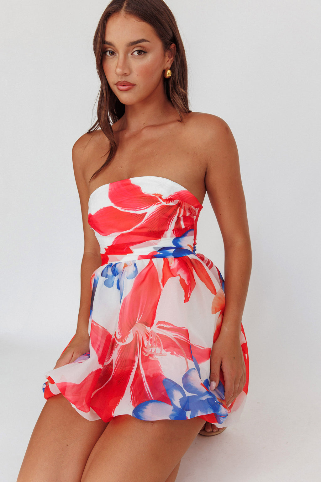 Kandi Strapless Bubble Hem Skirt Floral White by Selfie Leslie Australia