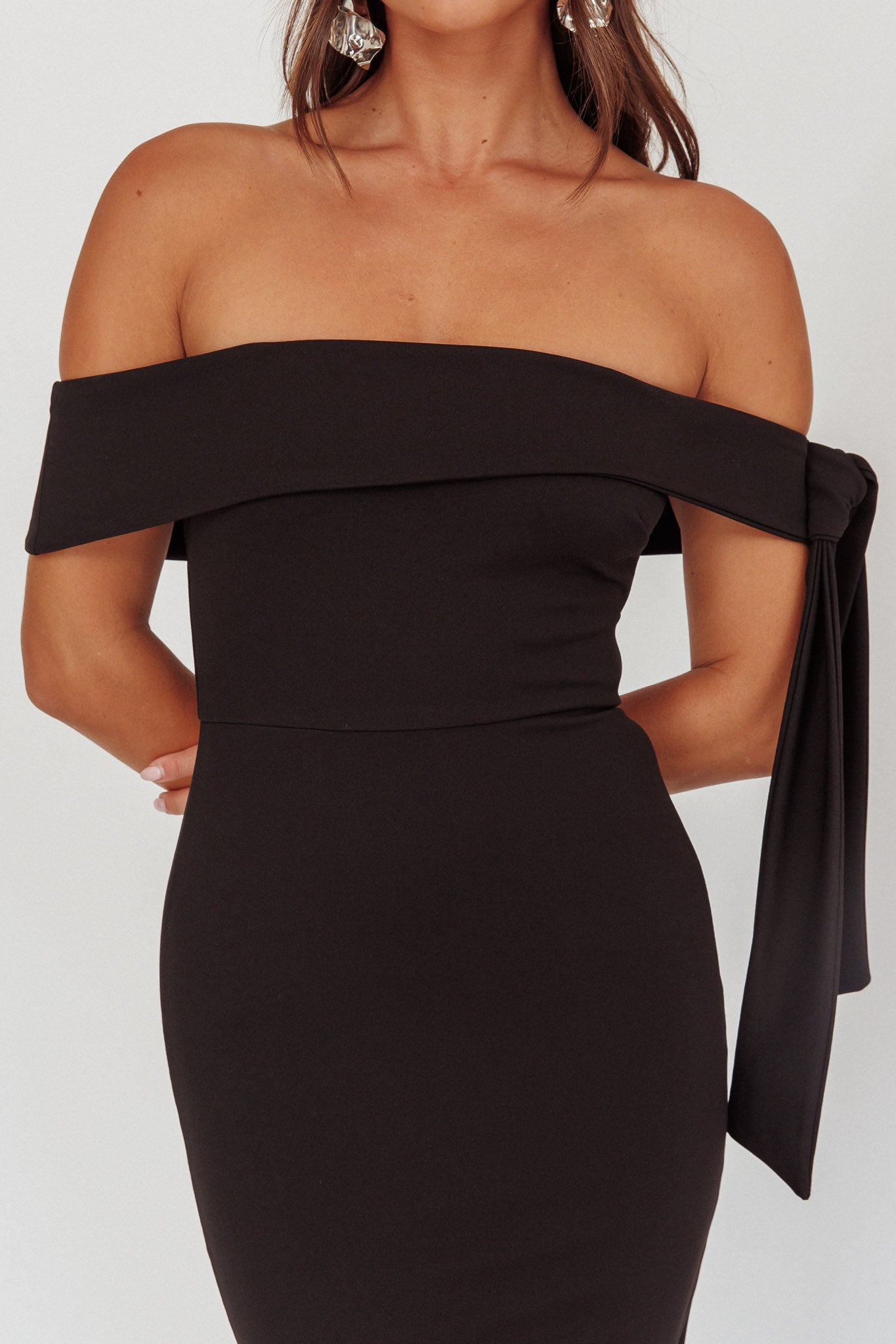 Aurora Sky Off-Shoulder Tie Maxi Dress Black by Selfie Leslie Australia
