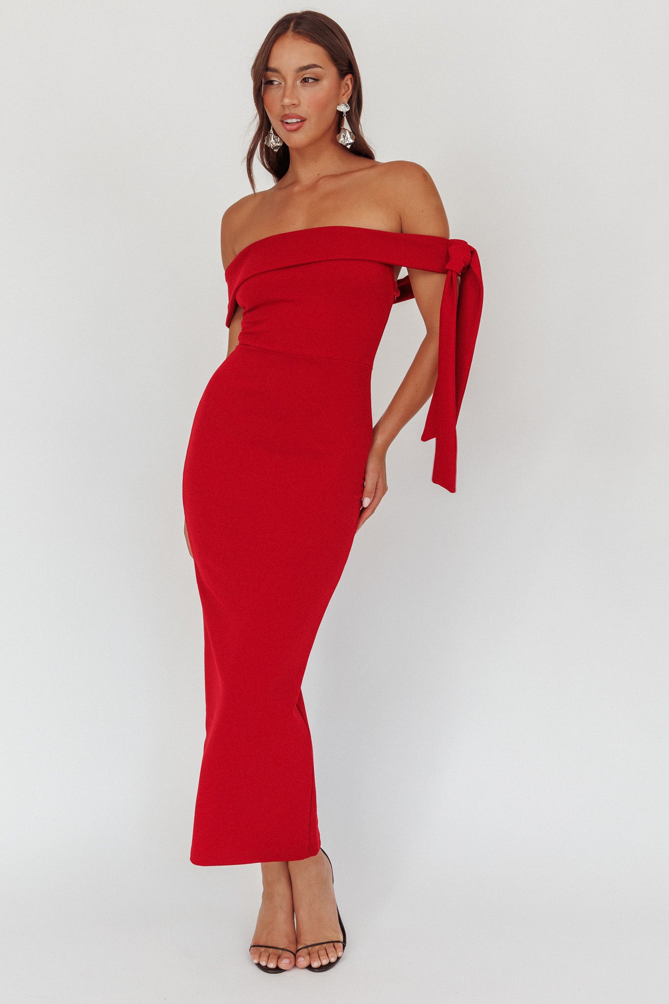 Aurora Sky Off-Shoulder Tie Maxi Dress Cherry by Selfie Leslie Australia