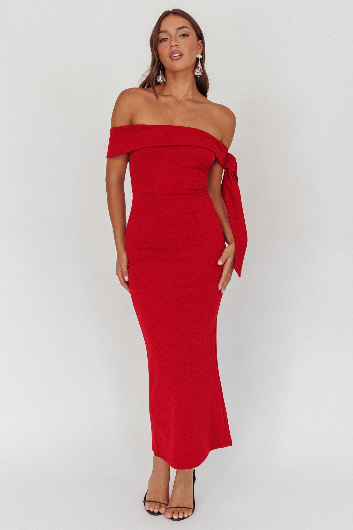 Aurora Sky Off-Shoulder Tie Maxi Dress Cherry by Selfie Leslie Australia