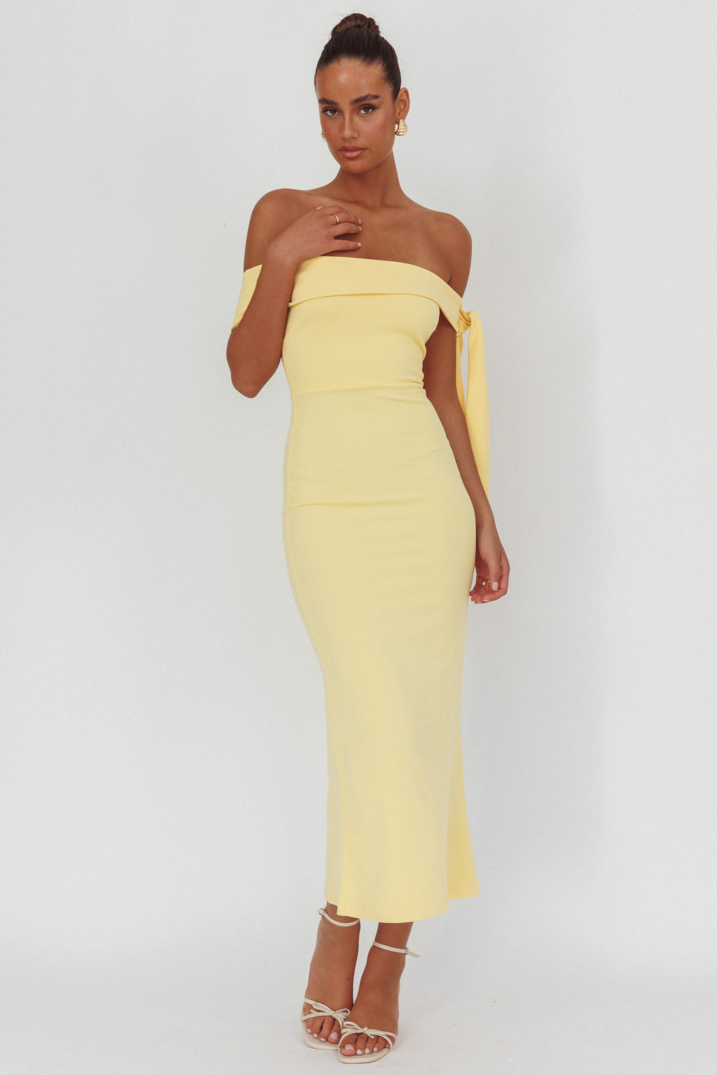 Aurora Sky Off-Shoulder Tie Maxi Dress Lemon by Selfie Leslie Australia