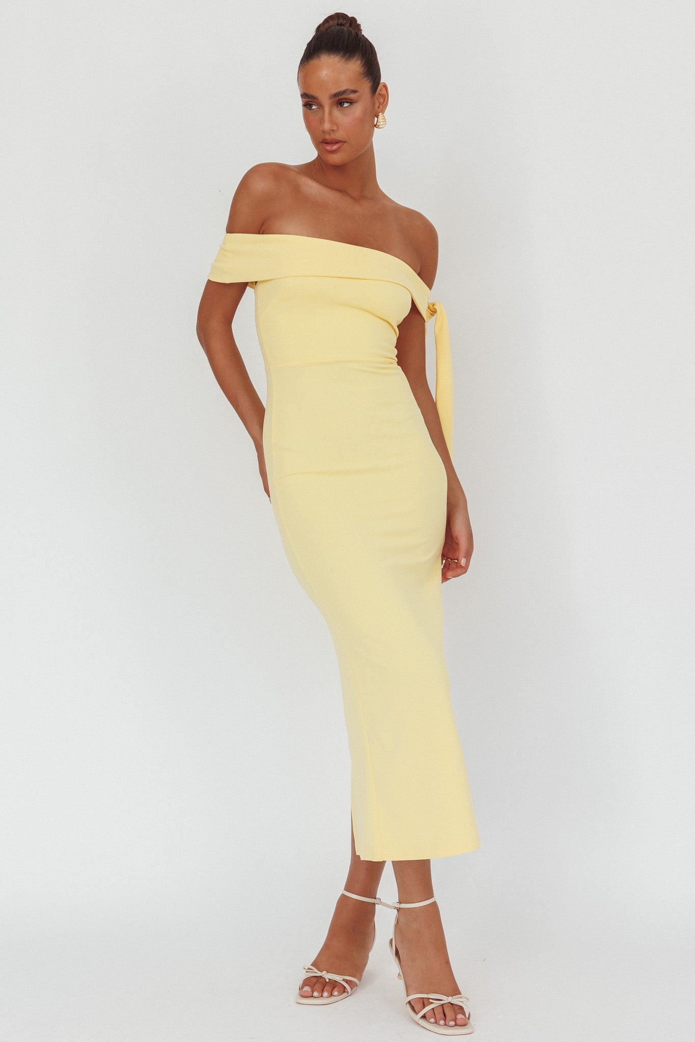 Aurora Sky Off-Shoulder Tie Maxi Dress Lemon by Selfie Leslie Australia