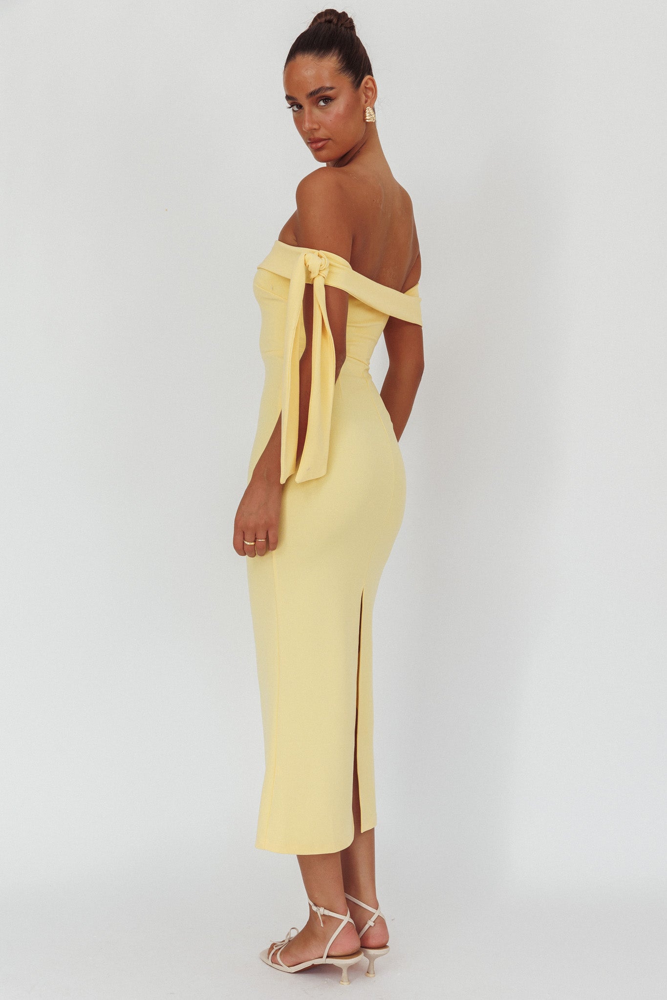 Aurora Sky Off-Shoulder Tie Maxi Dress Lemon by Selfie Leslie Australia