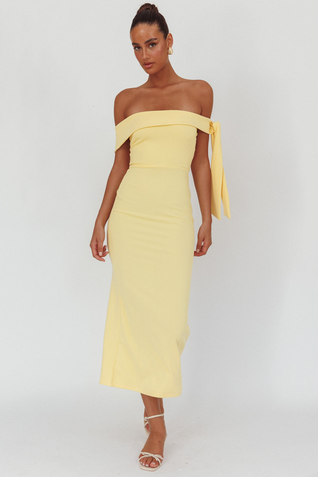 Aurora Sky Off-Shoulder Tie Maxi Dress Lemon by Selfie Leslie Australia