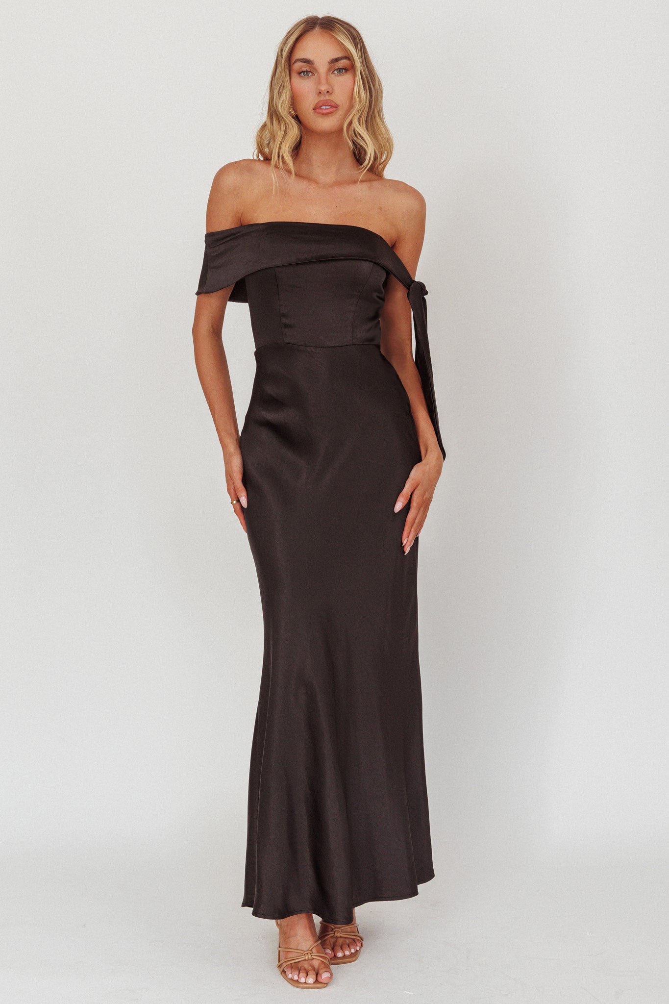 Aurora Sky Off-Shoulder Tie Maxi Dress Satin Black by Selfie Leslie Australia