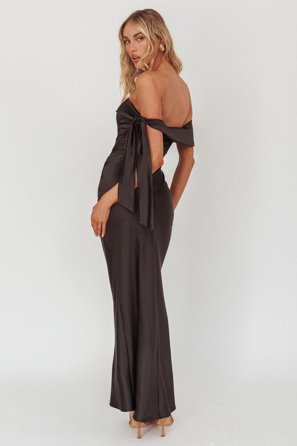 Aurora Sky Off-Shoulder Tie Maxi Dress Satin Black by Selfie Leslie Australia