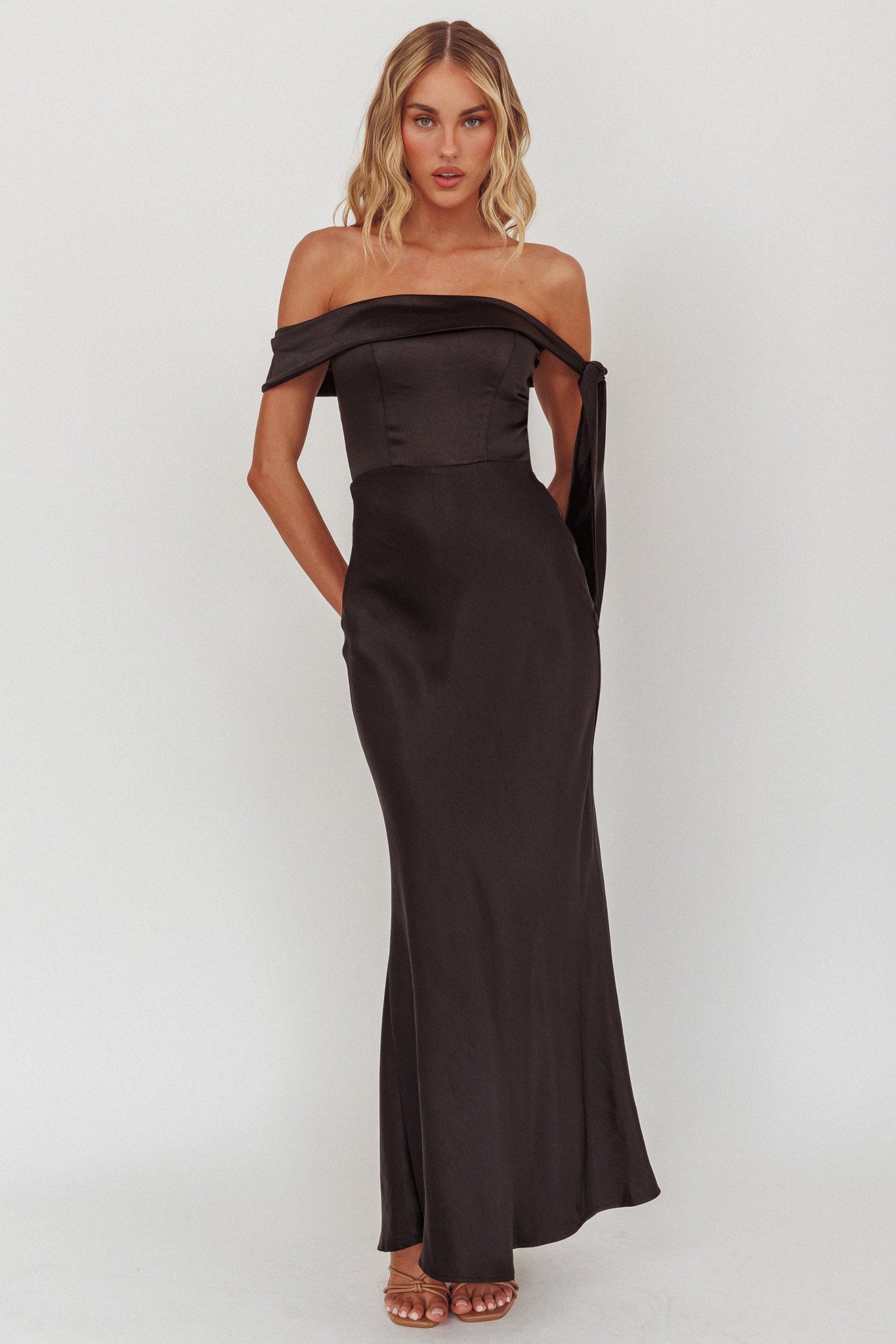 Aurora Sky Off-Shoulder Tie Maxi Dress Satin Black by Selfie Leslie Australia