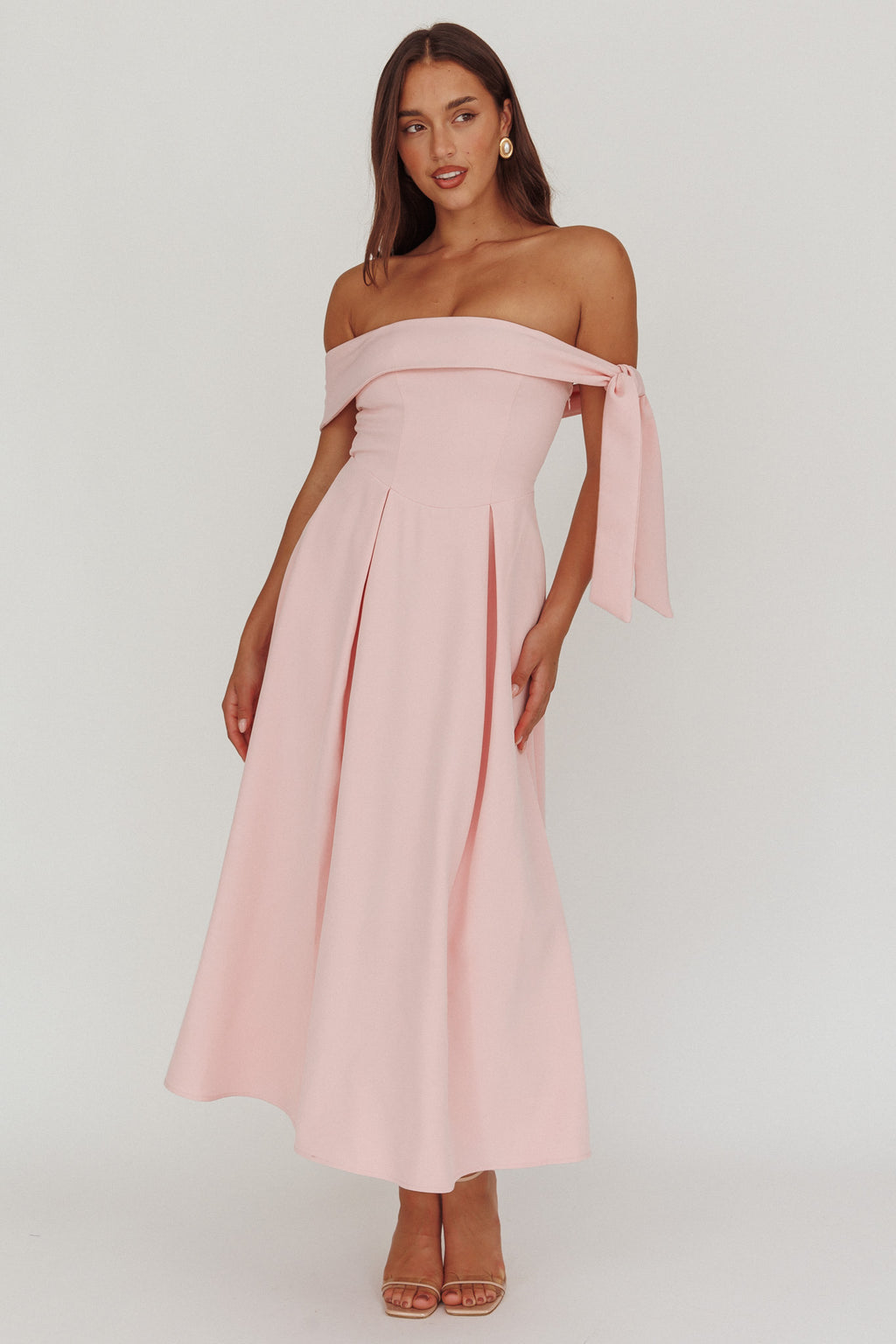 Aurora Sky Off-Shoulder Box Pleat Midi Dress Pink by Selfie Leslie Australia