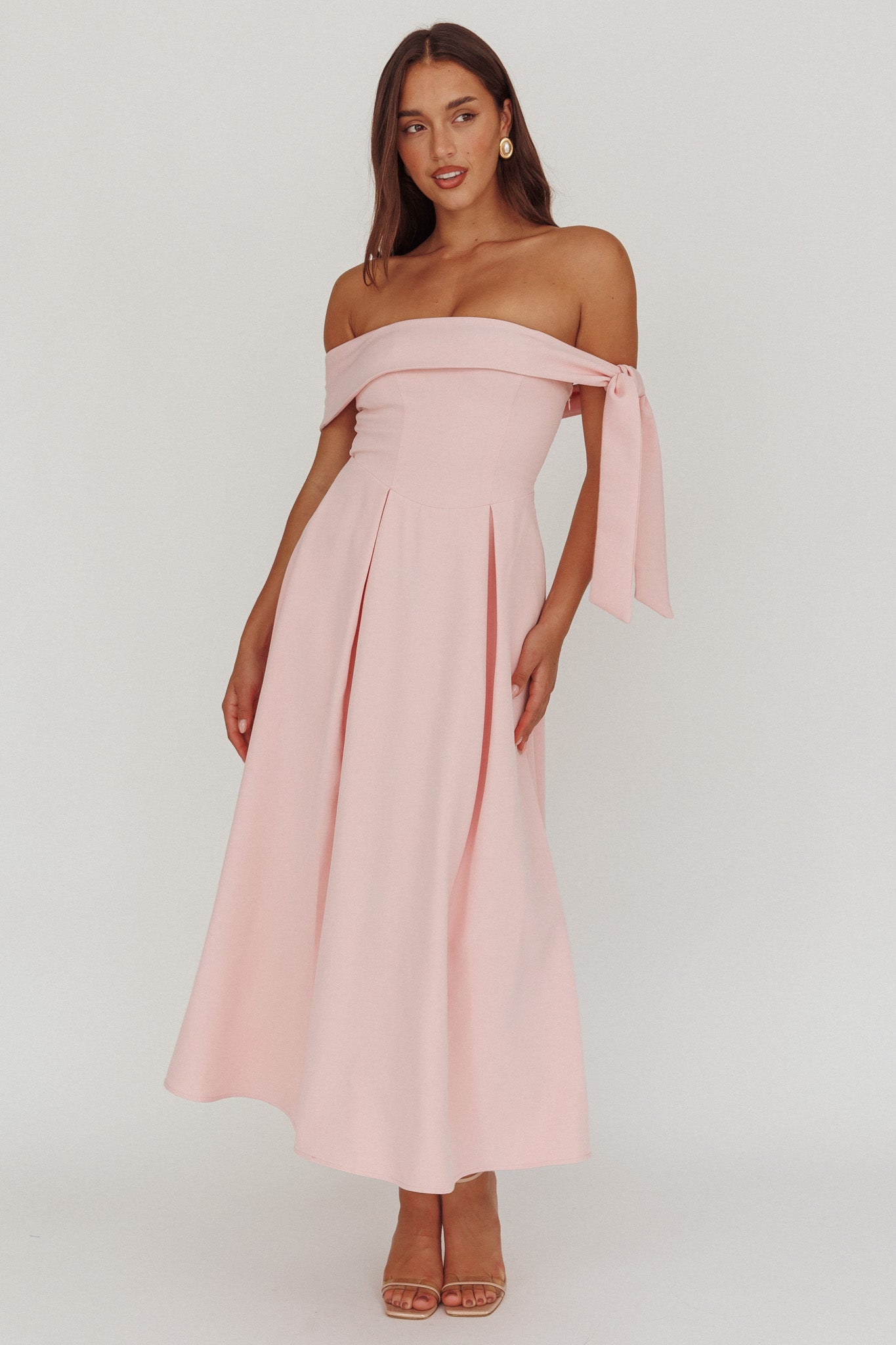 Aurora Sky Off-Shoulder Box Pleat Midi Dress Pink by Selfie Leslie Australia