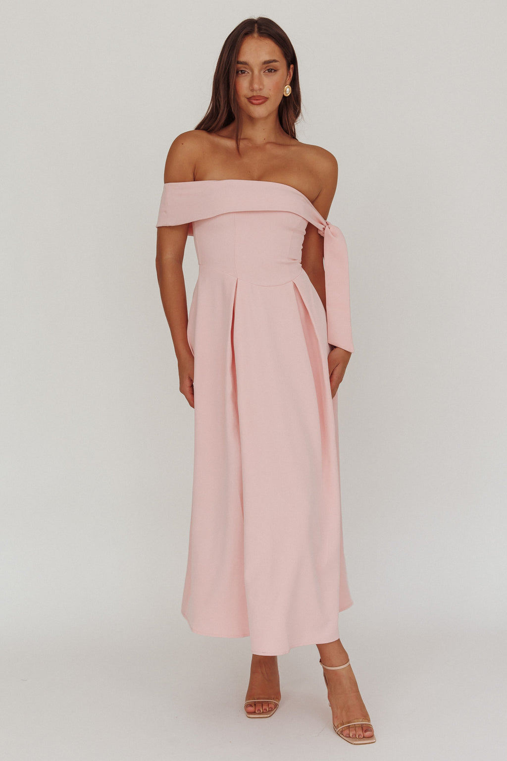 Aurora Sky Off-Shoulder Box Pleat Midi Dress Pink by Selfie Leslie Australia