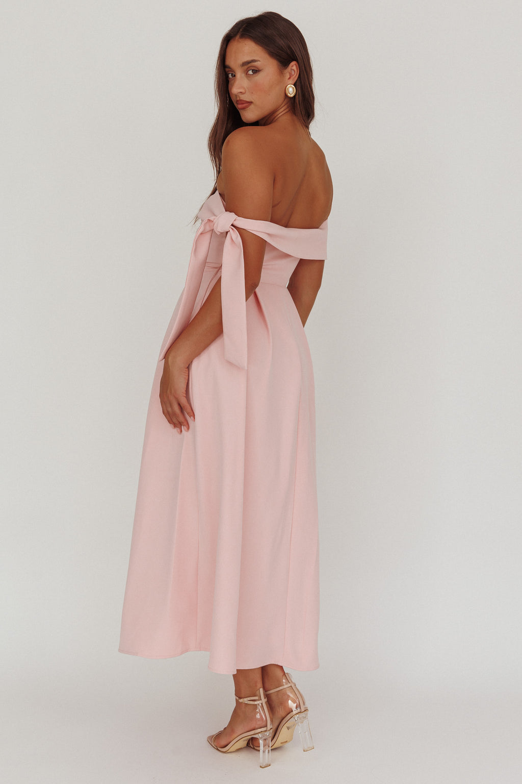 Aurora Sky Off-Shoulder Box Pleat Midi Dress Pink by Selfie Leslie Australia