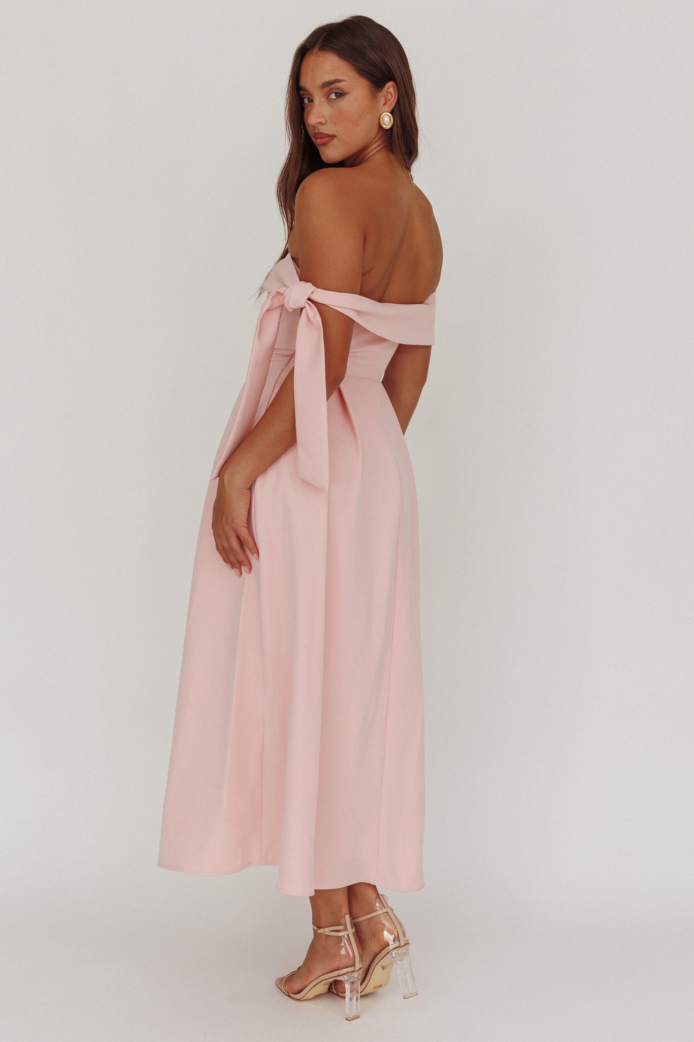 Aurora Sky Off-Shoulder Box Pleat Midi Dress Pink by Selfie Leslie Australia